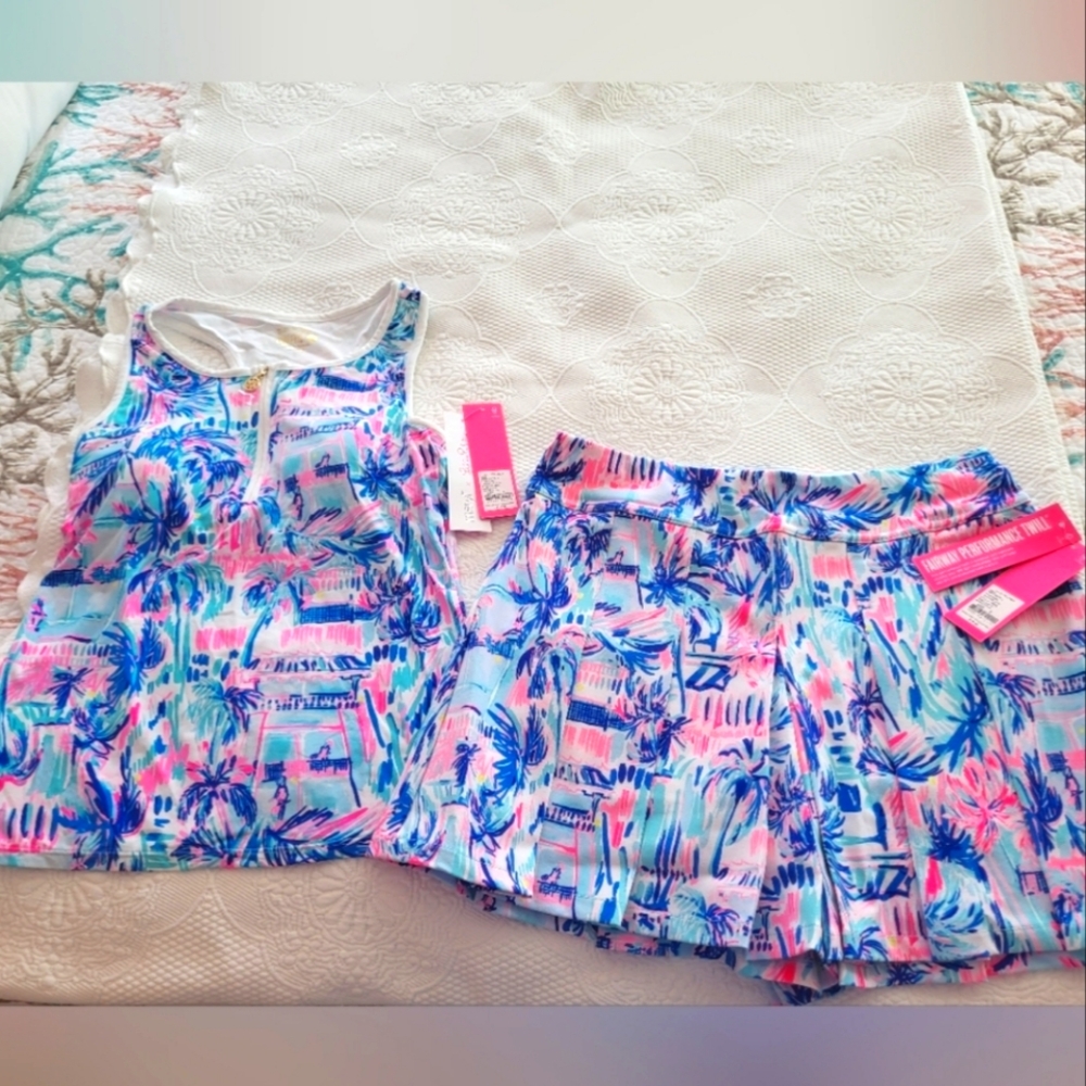 Lilly Pulitzer set Ravello Blue Print Tank Top with built-in Bra & Skort nwt